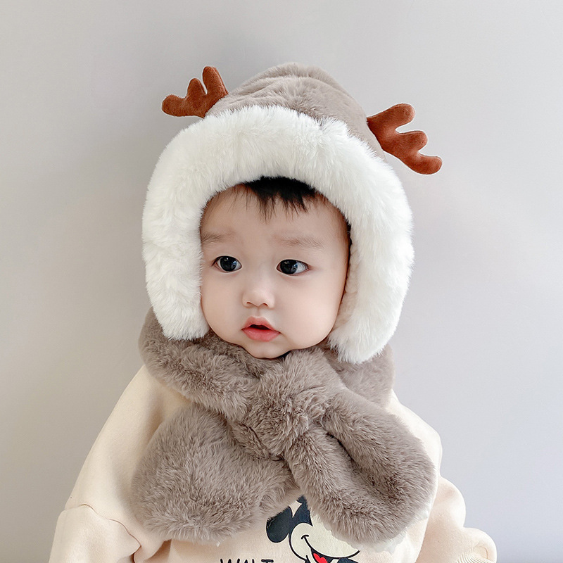 冬天儿童帽子围巾一体 可爱毛绒圣诞婴儿帽 宝宝护耳男女童圣诞帽详情图1