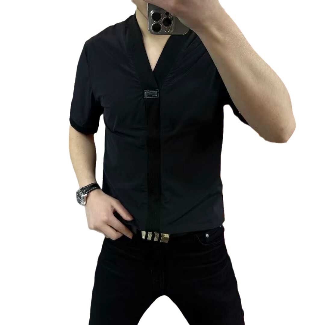 DX120 Summer Men's European Comfortable and trendy business Casual T-shirt, Men's V-neck small shirt, fashionable men's cool T-shirt Item Picture