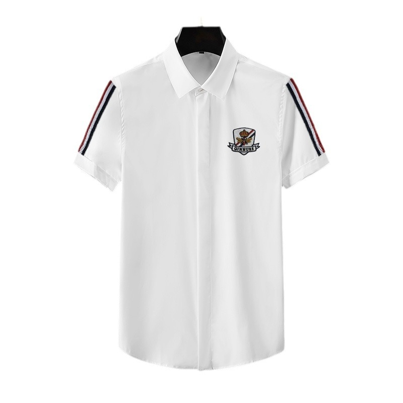 Summer new men's slim-fit Tencel cotton no-iron fashionable business shirt, short-sleeved men's shirt with webbing badge Item Picture