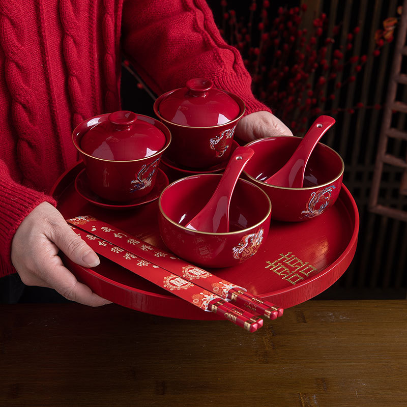 婚礼用品敬茶杯装饰陶瓷盖碗结婚改口红色喜庆敬茶杯套装礼盒详情图1