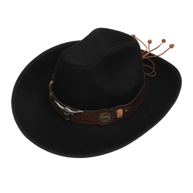 亚马逊跨境新款西部牛仔帽欧美毛呢礼帽大檐帽少数民族风爵士帽图