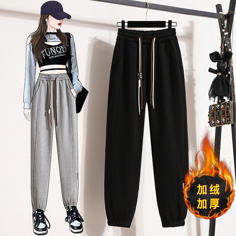 Grey sportswear pants for women 2022 new autumn and winter, loose and slimming, tight-fitting casual pants, petite with fleece sweatpants Application Scenario