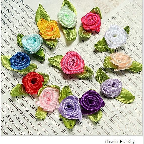 Colorful small rose craft accessories/Ribbon flowers with leaf roses/ribbon flowers 1.5CM diy accessories full figure