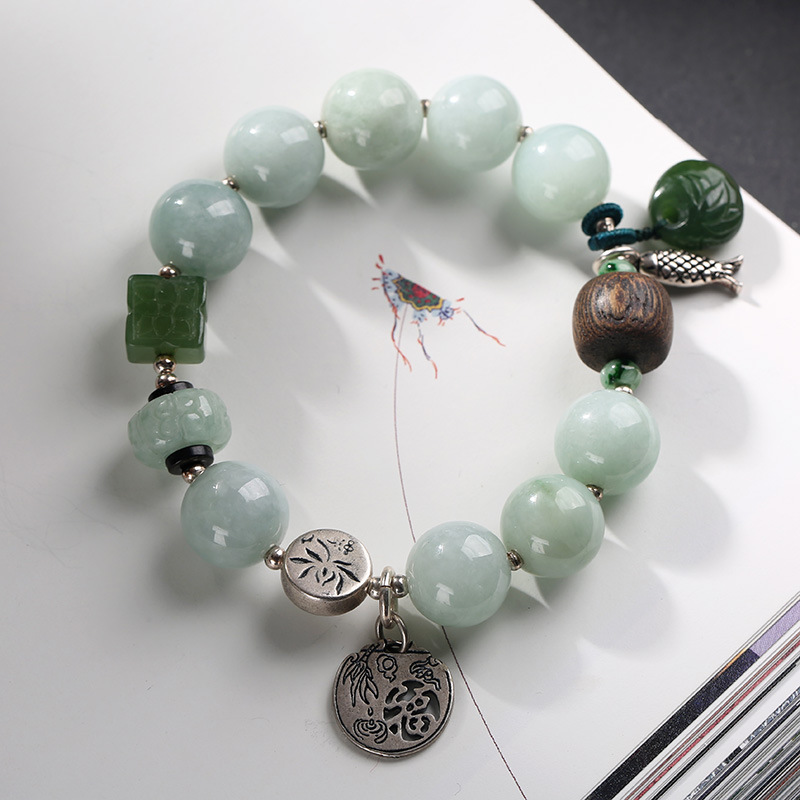 Natural jade bracelet, Fu brand, jade bamboo joint bracelet, agarwood with fish every year, jade bag, ethnic style jewelry details Picture