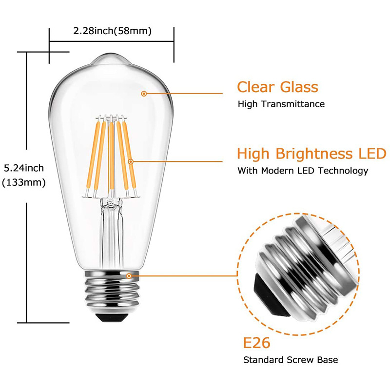 Naishi 4.5W/7W single-color temperature-adjustable LED filament bulb, 360° light emission without flicker, E26E27 lamp socket details Picture