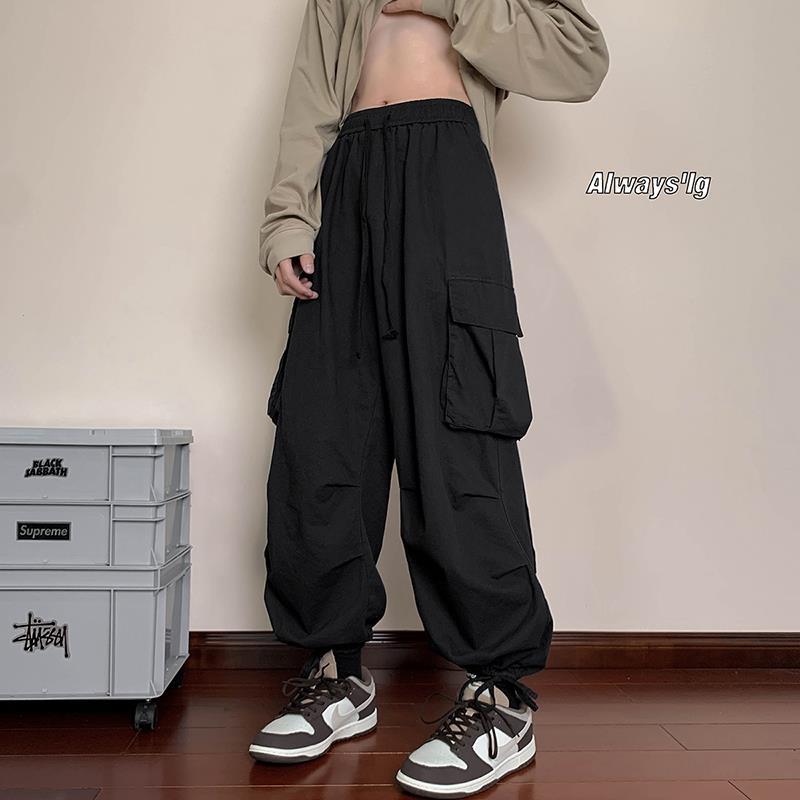 American cargo pants for men, summer loose, large-sized drawstring skinny pants, autumn trendy high-street sporty and casual long pants details Picture
