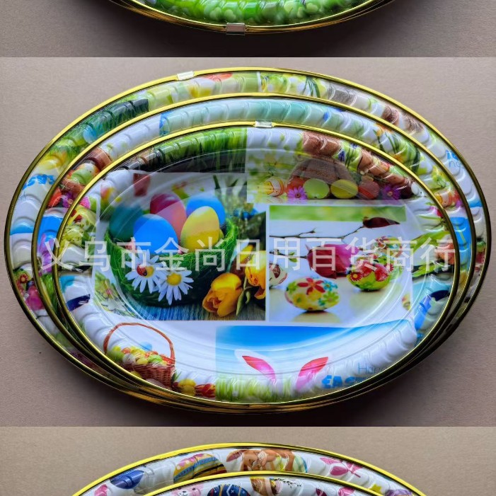 Factory direct sales of new oval-shaped fruit platter with gold edge, butterfly Love Flower, flowing gold marble pattern flower paper fruit platter details Picture