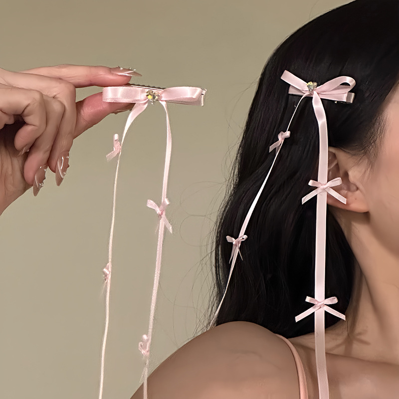 法式芭蕾美学超仙甜美蝴蝶结发夹粉色丝带侧边夹子发饰百搭新款