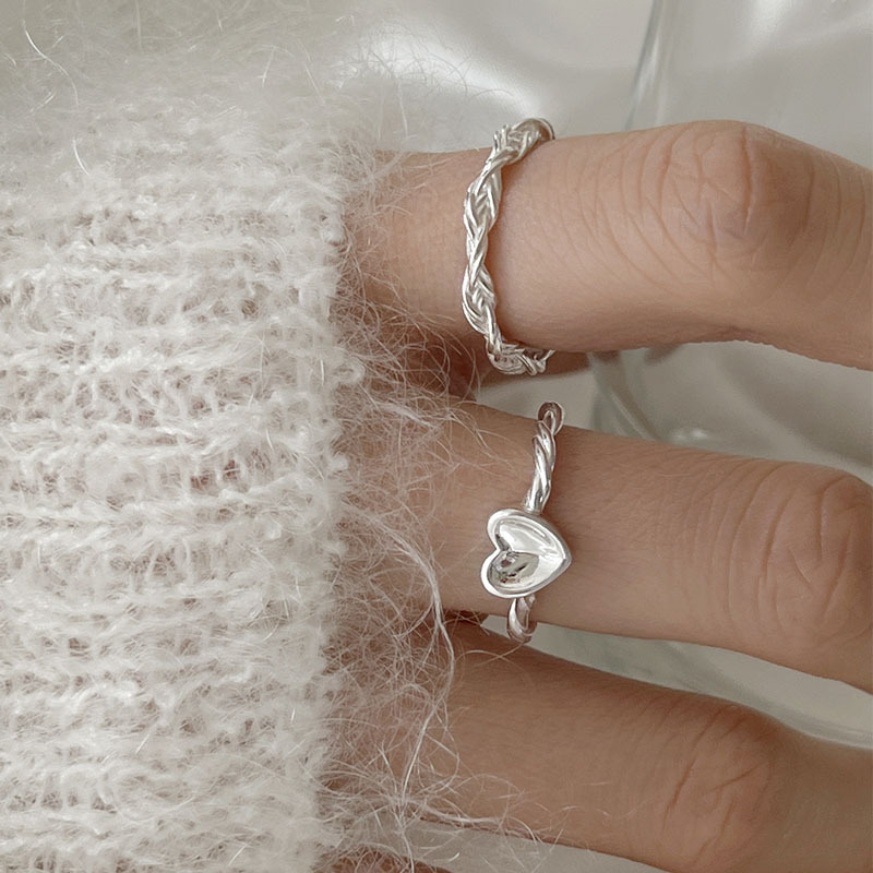 学生S925纯银女款戒指设计小众甜心扭纹编织戒指爱心戒指简约指环