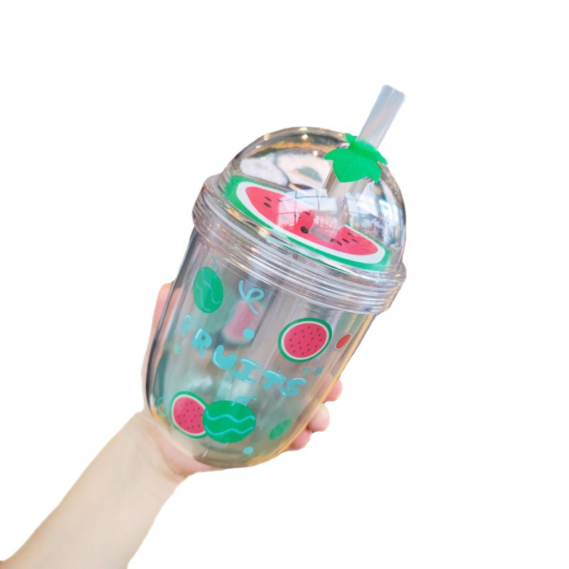 创意新款网红双层吸管杯塑料加厚果汁杯潮流可爱少女心草莓西瓜盖详情图5