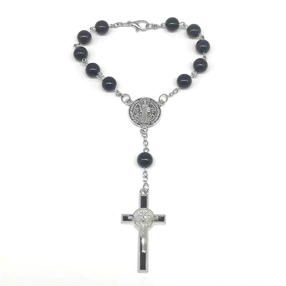 European And American Foreign Trade Cross-Border Hot Sales Black Glass Beads White Imitation Pearl Rosary Bracelet Drop Oil Cross Beaded Nine-Word Needle Curved Needle Bracelet Manufacturers Wholesale Specification drawing