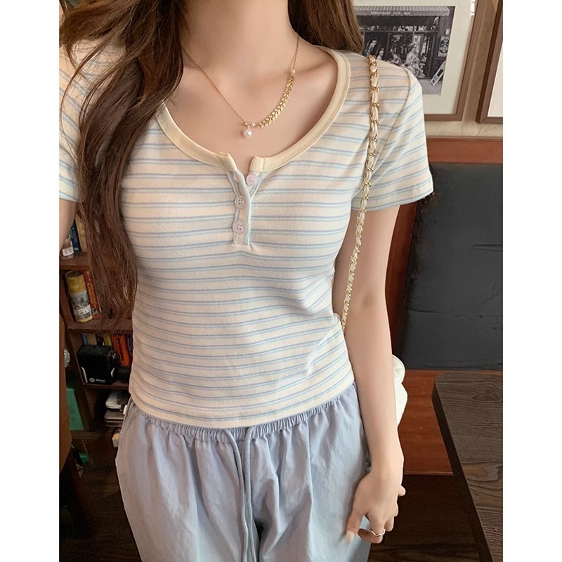 蓝白条纹短袖正肩女t恤春夏2025新款chic小众设计感修身短款上衣