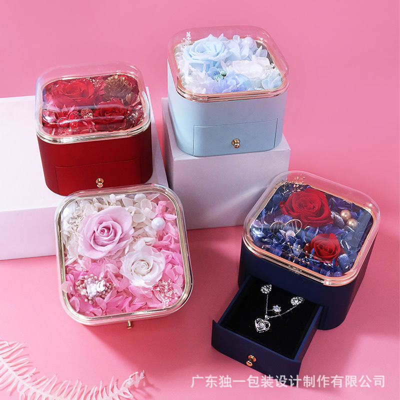 New round corner paint preserved flower gift box, rose real flower necklace, jewelry box, high-transparency acrylic rose