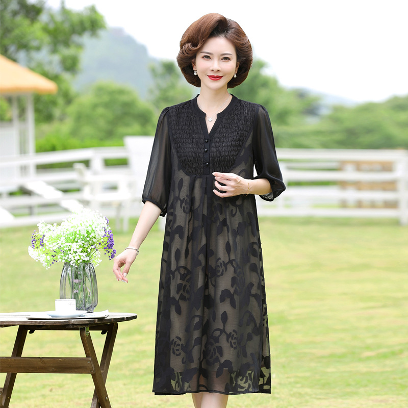 妈妈夏装连衣裙加大码中年女洋气遮肚50岁中老年短袖裙子2022新款