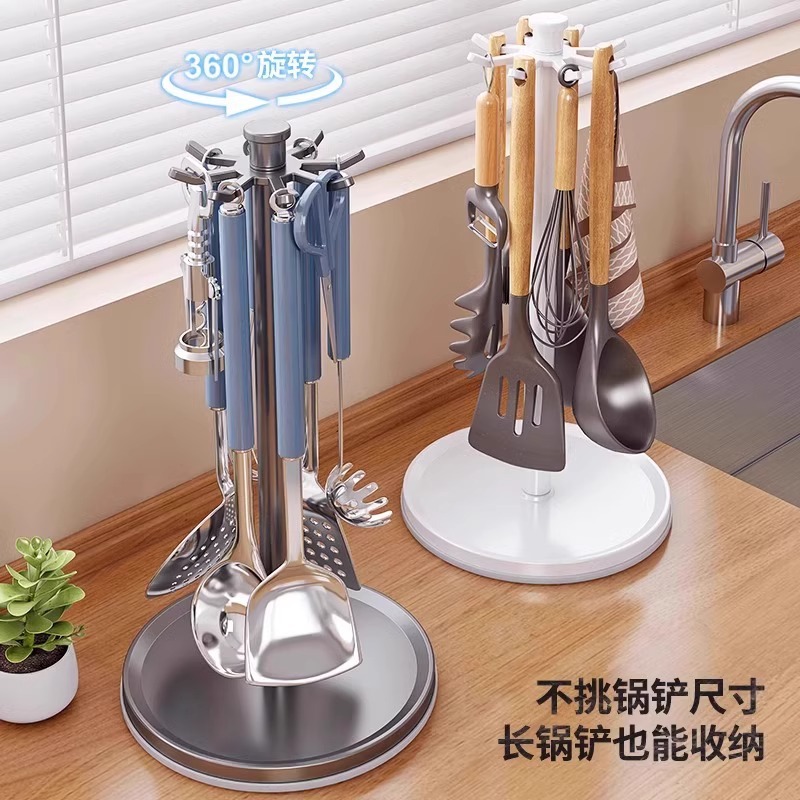 Rotating spatula rack countertop, household kitchen hook storage rack, hanging spoon and spatula stand, soup spoon and kitchenware storage rack details Picture
