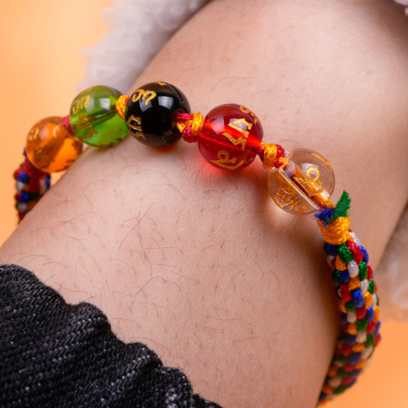 Spring Festival Five Blessings and Five Elements Bead Bracelet, Colorful rope glass bead bracelet, extendable version, Yiwu Small Commodities Bestseller, same style Application Scenario