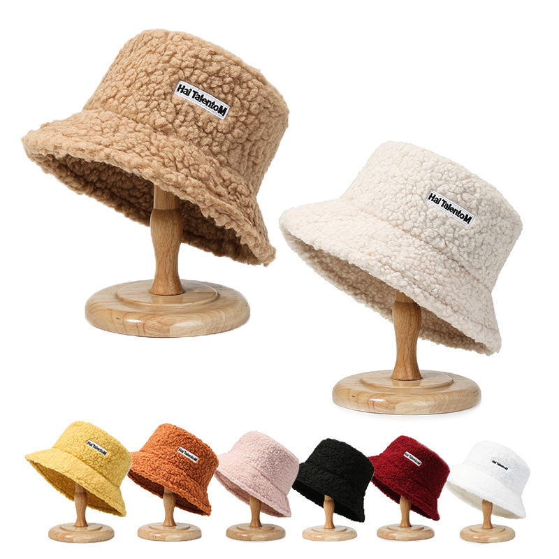 Korean Version Of Autumn And Winter Lamb Wool Warm Embroidery Letter Fisherman's Hat Sheep Cashmere Japanese Casual Couple Simple Basin Hat details Picture