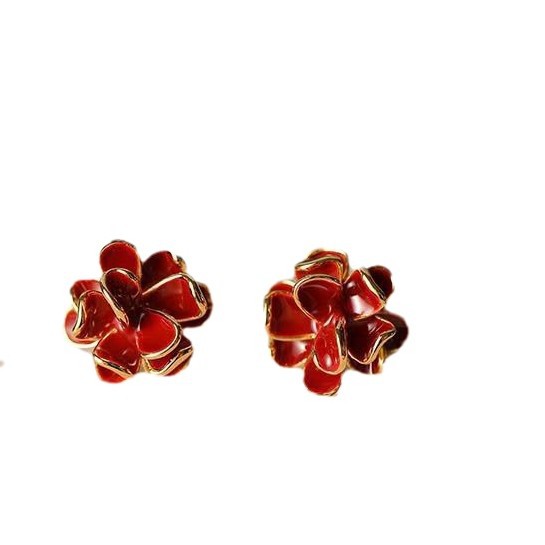 Unique wine-red flower stud earrings for women 2024 new stylish autumn and winter French niche design earrings Item Picture