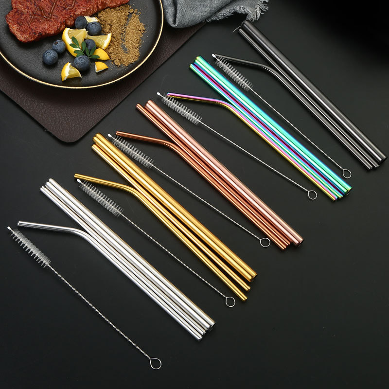 304 stainless steel straw set, colored metal straw, restaurant milk tea beverage coffee pipe straight pipe and bent pipe set