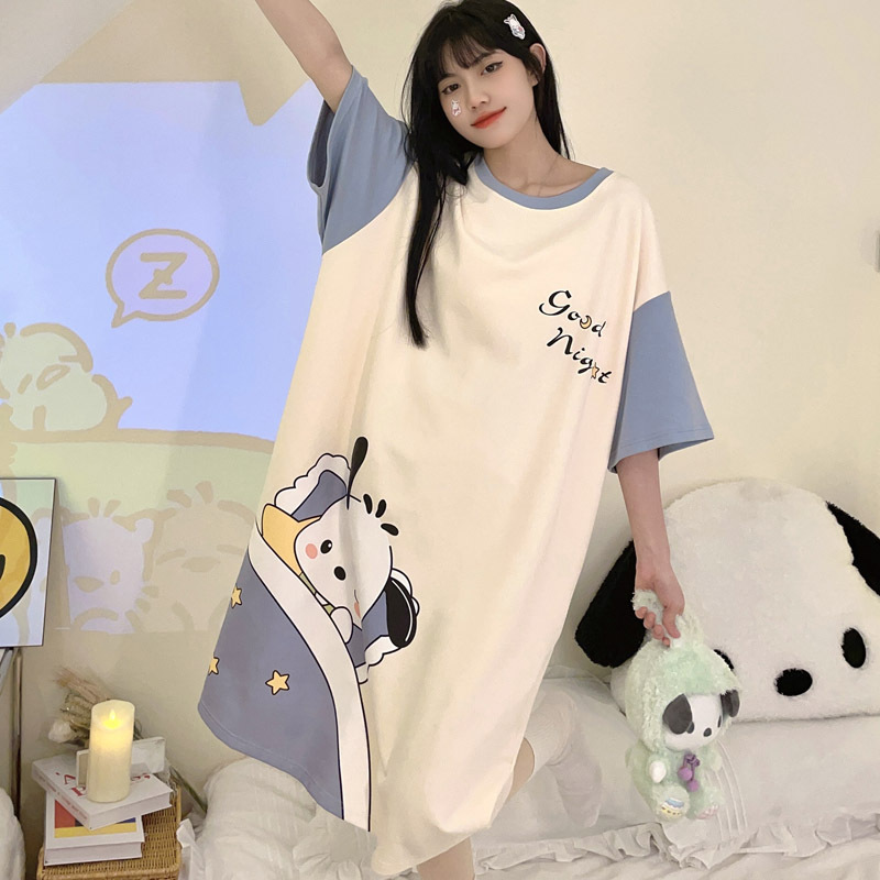 Foreign Trade Nightdress Female Short Sleeve Summer Korean Version Of Students Sweet Cute Cartoon Loose Large Size Ladies Home Wear Outside details Picture