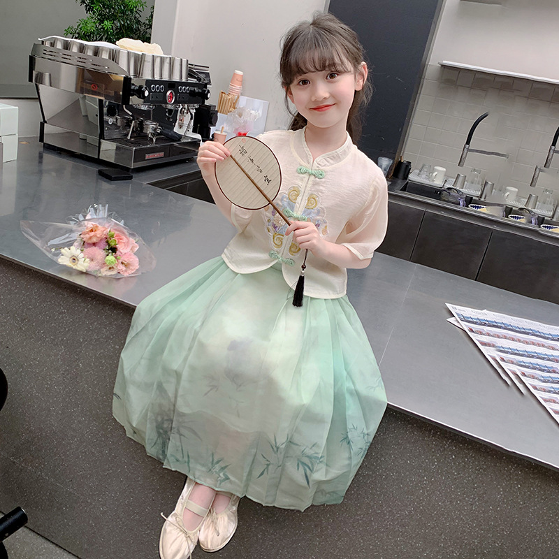 国潮女童套裙2025新款中大童洋气国风刺绣汉服夏季短袖马面裙两件套