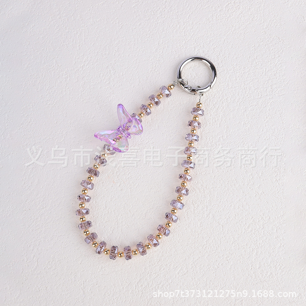 Fashionable optical butterfly crystal phone chain lanyard, high-end earphone bag pendant, beaded keychain Specification image