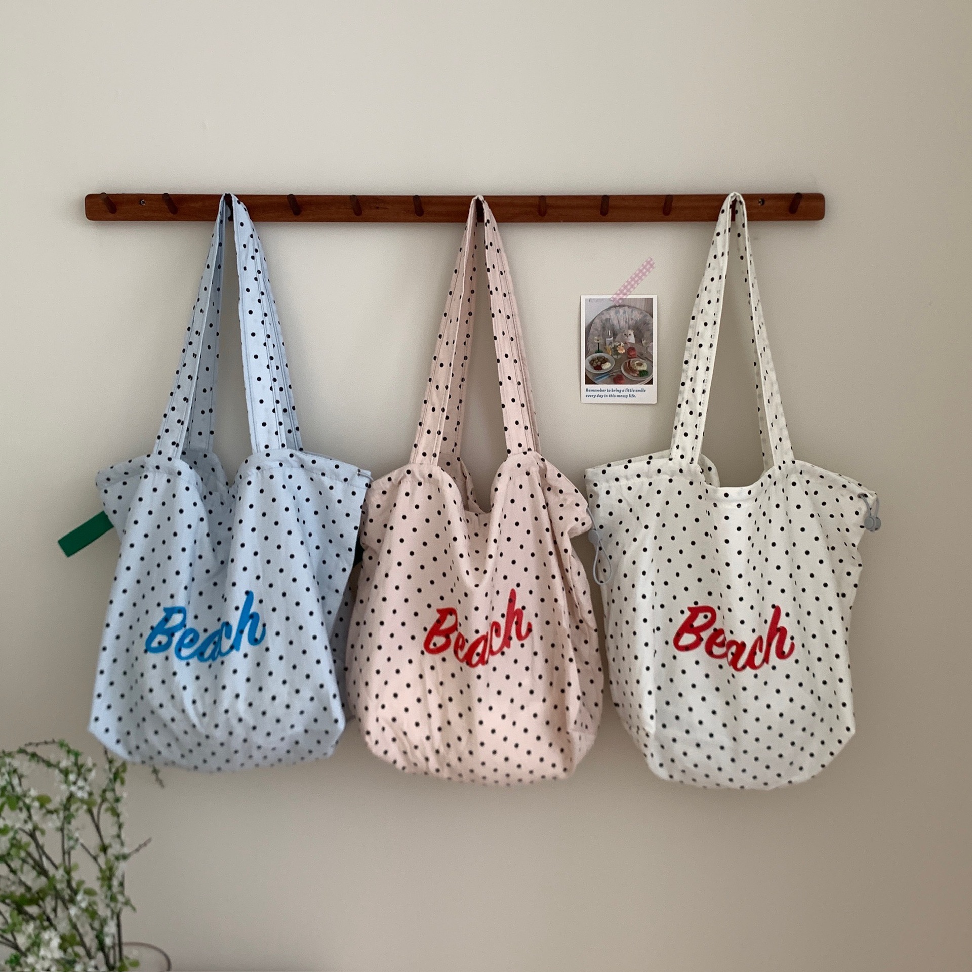 Summer new Japanese polka dot printed letter single-shoulder tote bag with large capacity, fresh and cute hand-held shopping bag