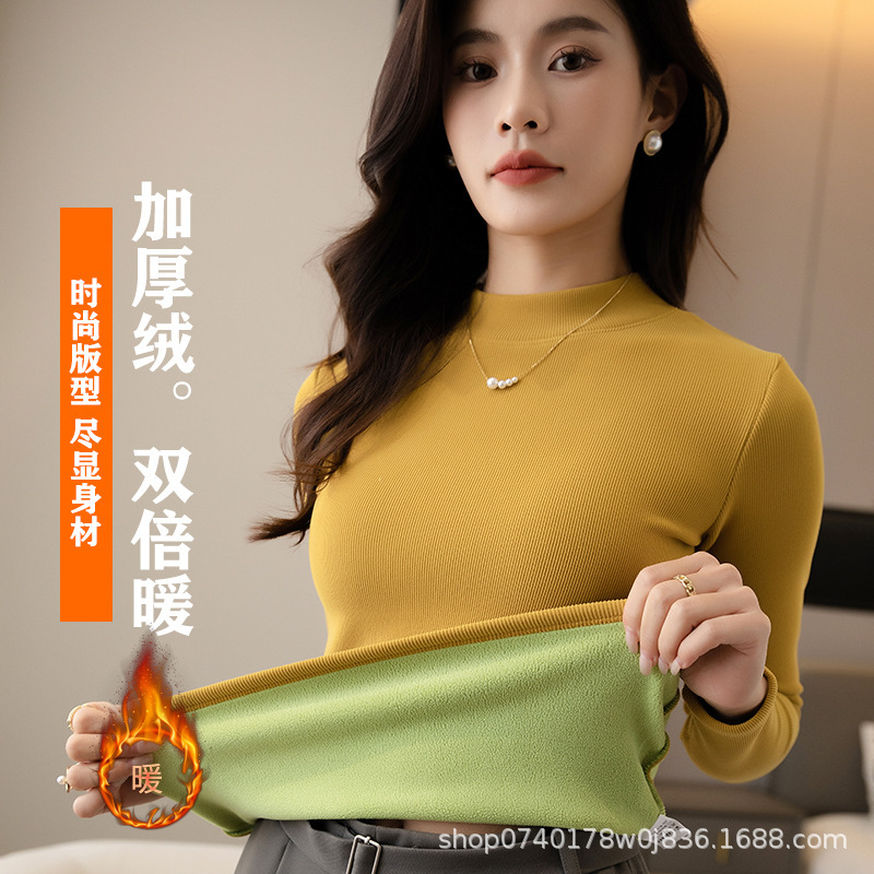 450G Bottom Coat Female In Autumn And Winter With 2023 New Style Plus Fleece Thickened High Elastic Round Neck Long Sleeve Warm Top Female Application Scenario