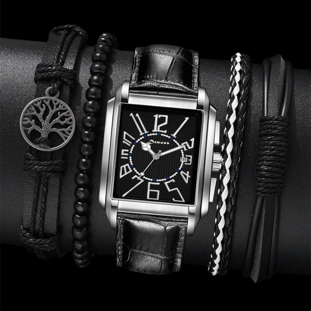 Cross-border business personalized men's square trendy and fashionable casual men's steel band calendar quartz watch bracelet set details Picture