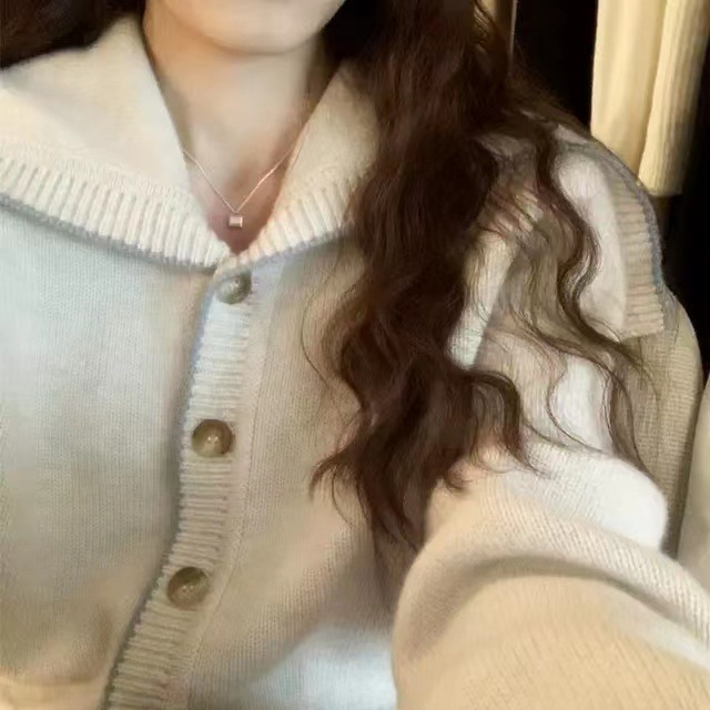 High-end navy neck knitted wool cardigan for women, loose, laid-back and slimming thick sweater coat for autumn and winter Specification image