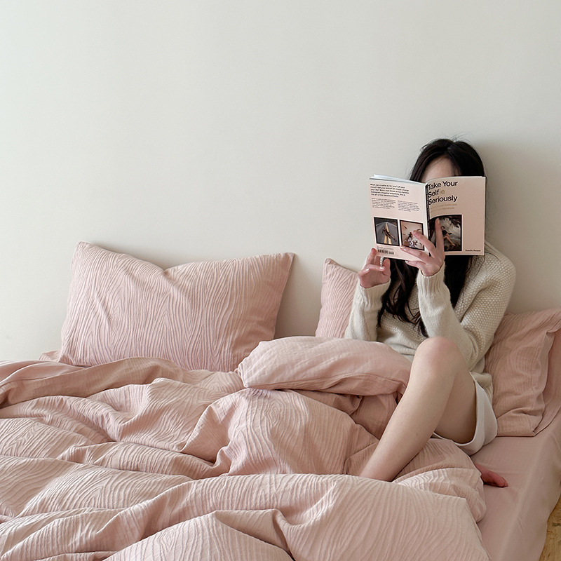 Class A Simple Pure Color Tree Pattern Jacquard Texture 60S All Cotton Washed Cotton Four-Piece Plain Color Pure Cotton Bed Sheet Cover Application Scenario