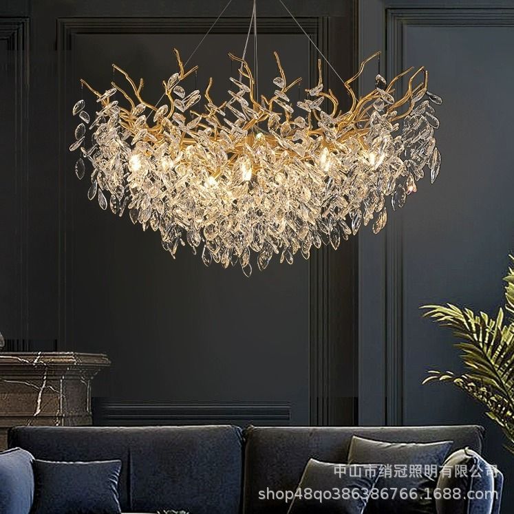 French luxurious and light luxury crystal chandelier, simple living room, grand chandelier, duplex, American branch, luxurious crystal round details Picture
