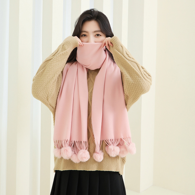 Girls Cute Imitation Cashmere Scarf Female Winter Warm Solid Color Large Rabbit Hair Ball 2024 New Scarf Shawl Wholesale