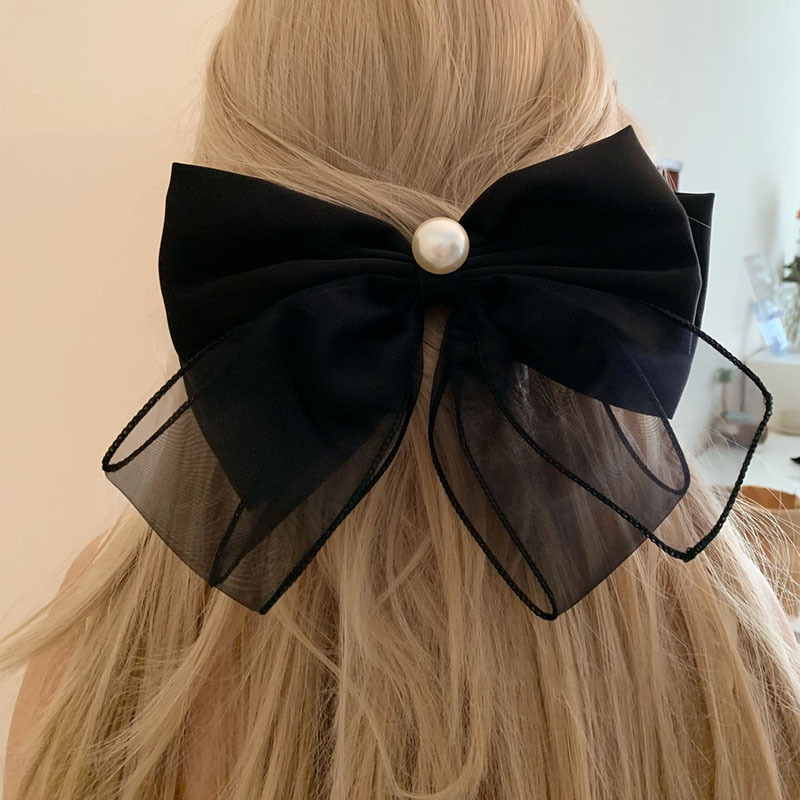 Korean Vintage French Vintage Organza Black Bow Hair Clip Pearl Top Clip Back Hair Accessories Woman Application Scenario
