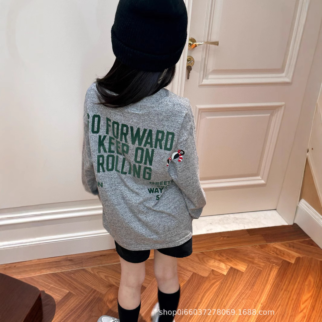 日系潮牌童装儿童企鹅绣植绒长袖T恤2024秋季新款男童秋装打底衫T