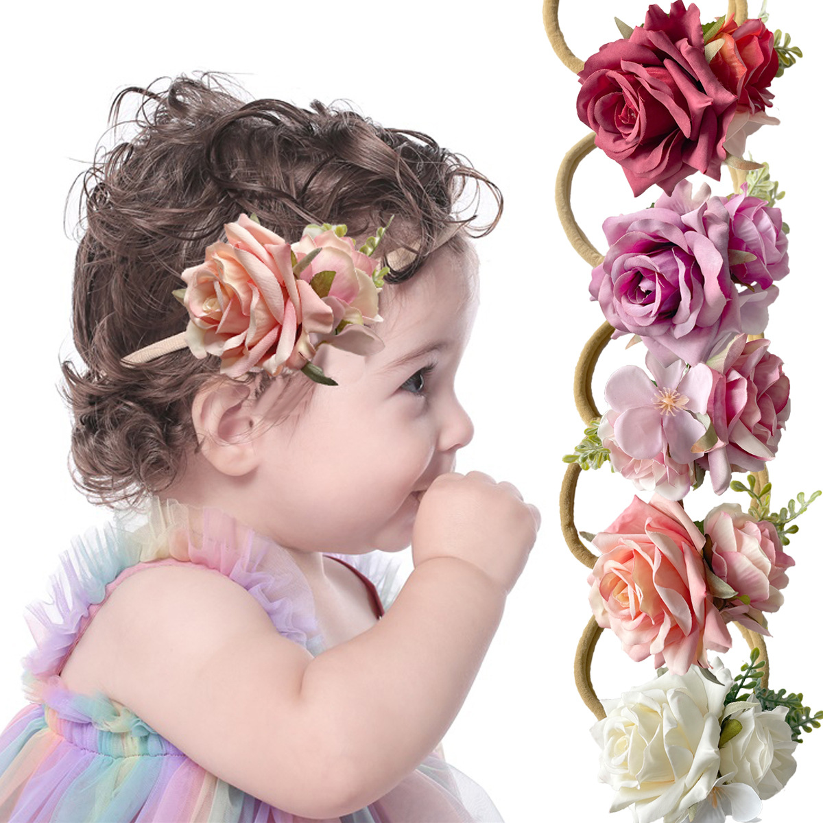 European and American cross-border simulated rose flower hair band, cute baby photo hair accessory, soft nylon high-elasticity headband full figure
