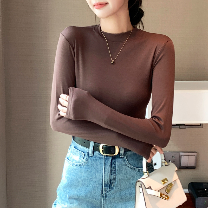 Spring New Women's Long Sleeve T-Shirt Modal Base Shirt Solid Color Autumn Coat Half High Neck Round Neck Small Stand Collar Top Specification drawing