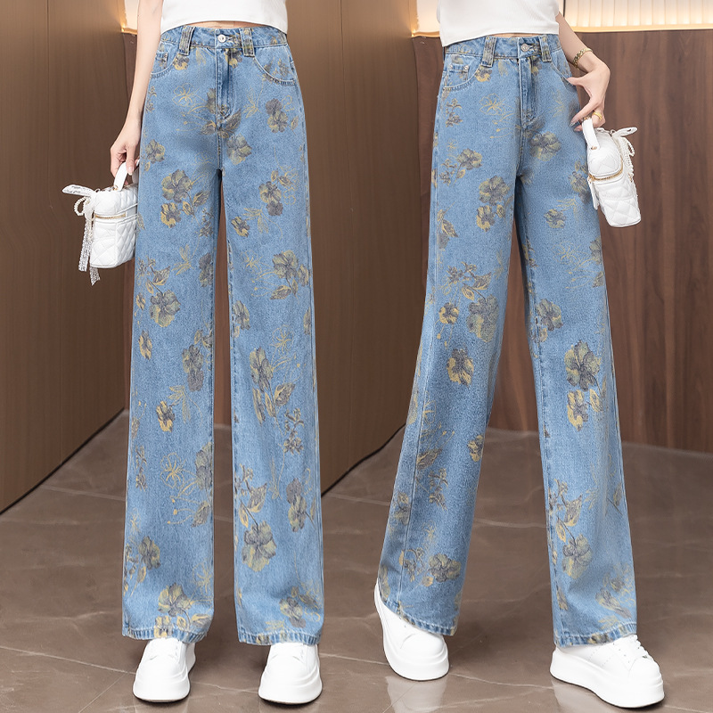 Printed wide-leg jeans for women in the summer of 2025: thin, high-waisted, loose, and slimming straight-leg narrow style internet-famous pants Application Scenario
