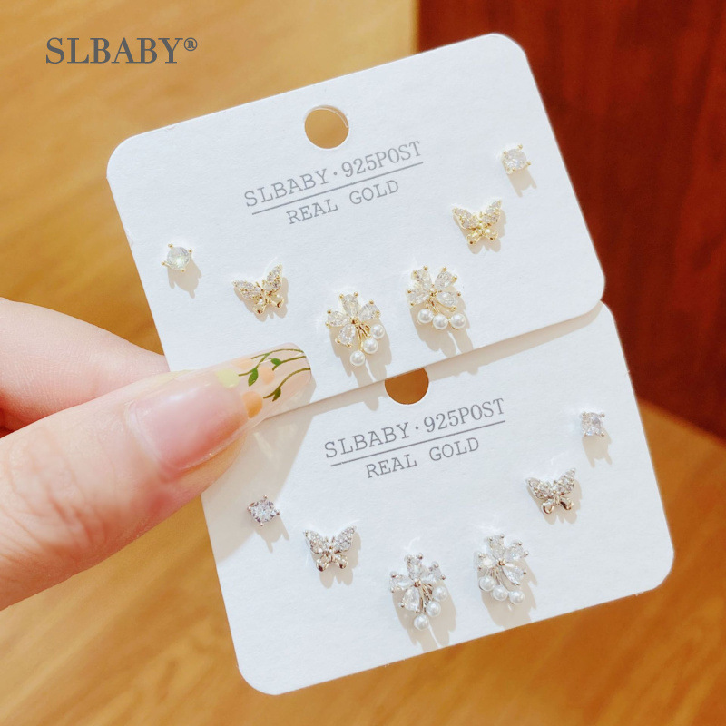 原创设计小蝴蝶三件套耳钉女ins 气质时尚小清新学生款耳饰批发