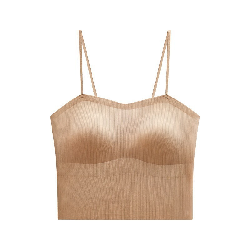New seamless off-the-shoulder, backless, innerwear and outerwear, with built-in chest pads, strapless, threaded, versatile, double shoulder straps, halter top for women Item Picture