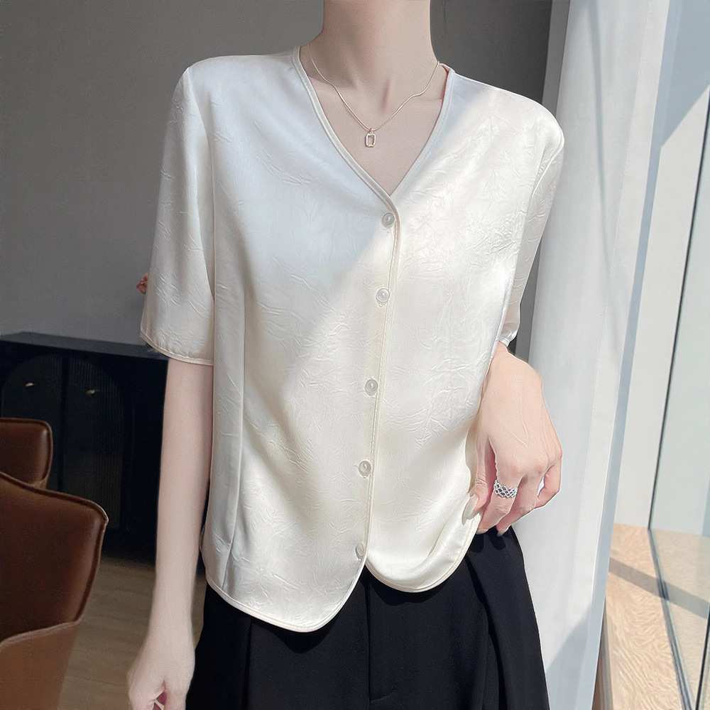 French acetate satin shirt women's summer solid color loose short top, high-end V-neck straight shoulder mulberry silk T-shirt