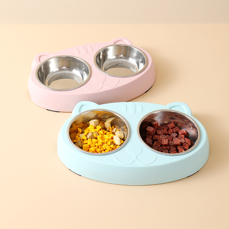 Ins-style macaron thickened export quality two-in-one pet bowl, big-eyed cute cat with stainless steel cat double bowl details Picture