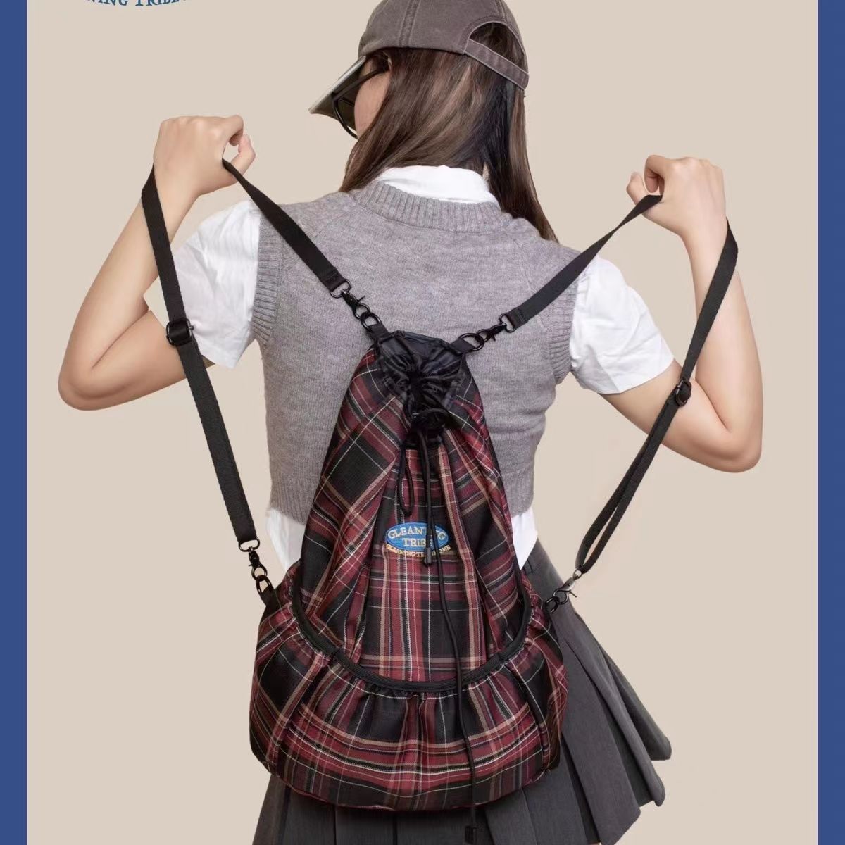 Original American retro LOGO embroidered checkered school style British drawstring backpack