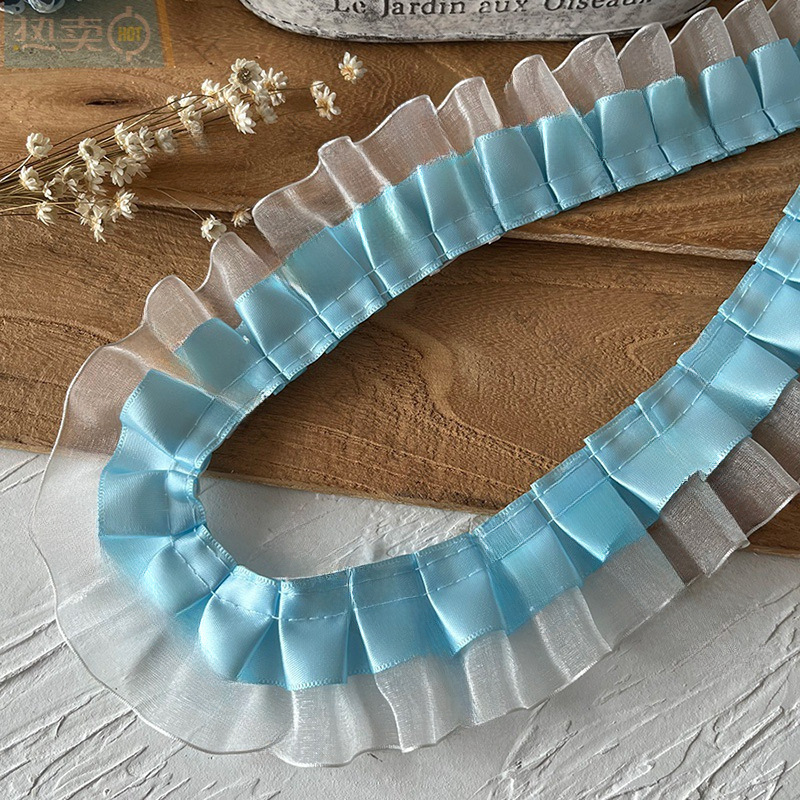 Blue high-end lace trim, hand-decorated skirt hem, garment accessories, pleated, ruffled, wide details Picture