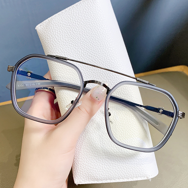 Stylish and cool double beam Clo 伈 flat lens trendy metal frame retro new natural anti-blue light glasses Specification image