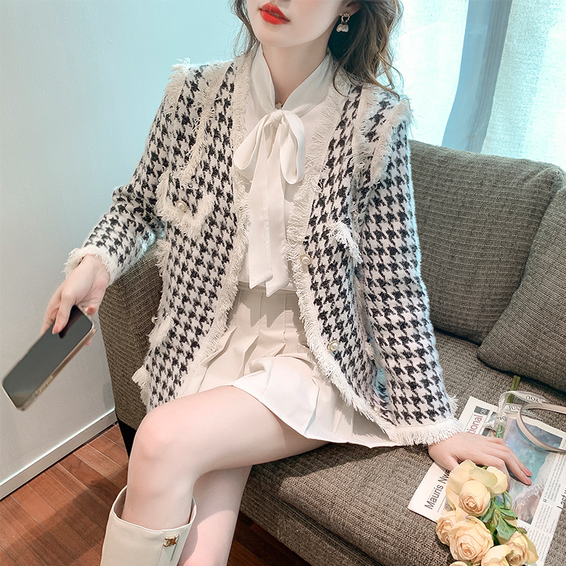 时尚格子洋气外套成熟御姐范粗花呢外搭宽松上衣百搭女装开衫潮