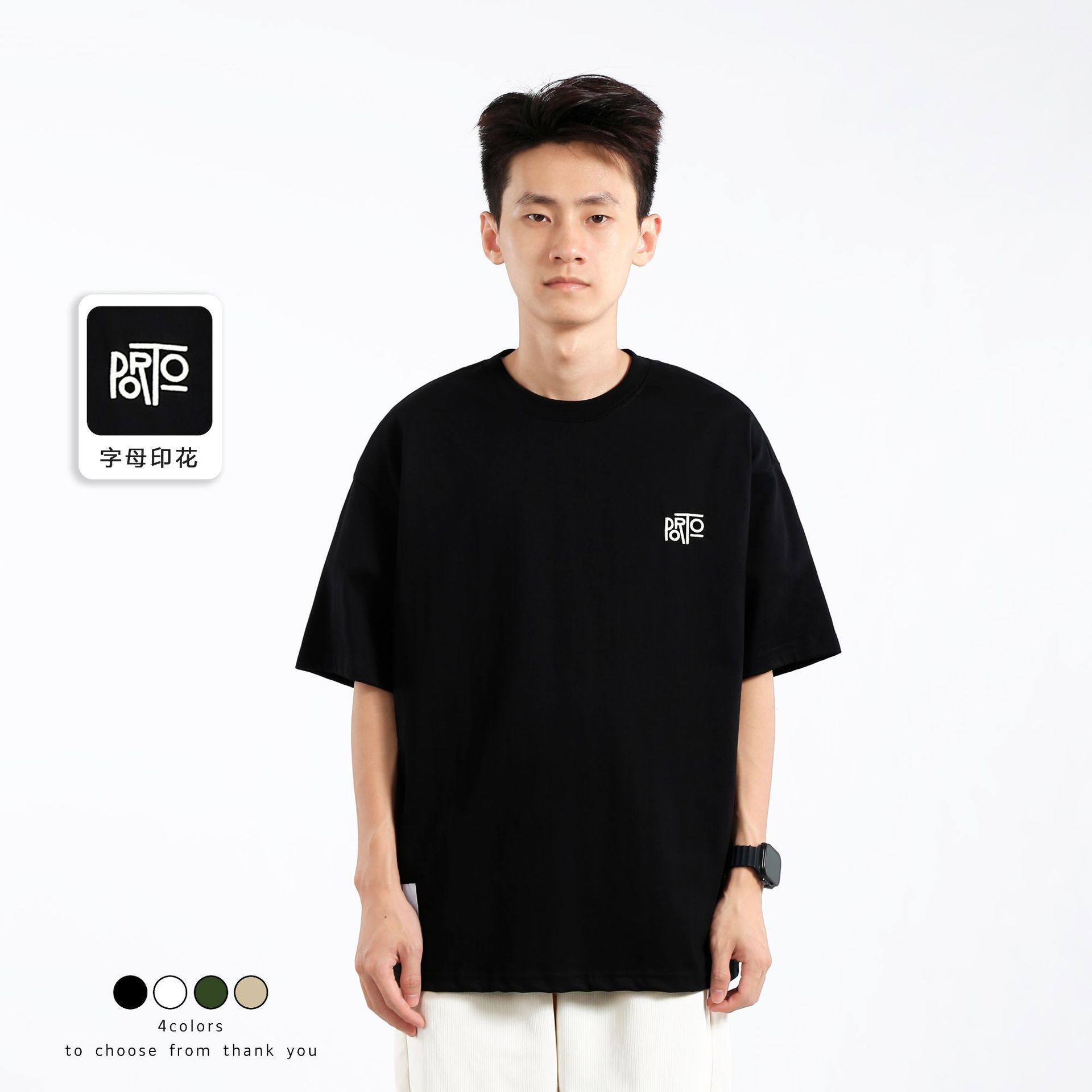 Simple letter-embroidered pure cotton short-sleeved T-shirt for men, summer Japanese retro loose fashion brand, round neck casual half-sleeved trend