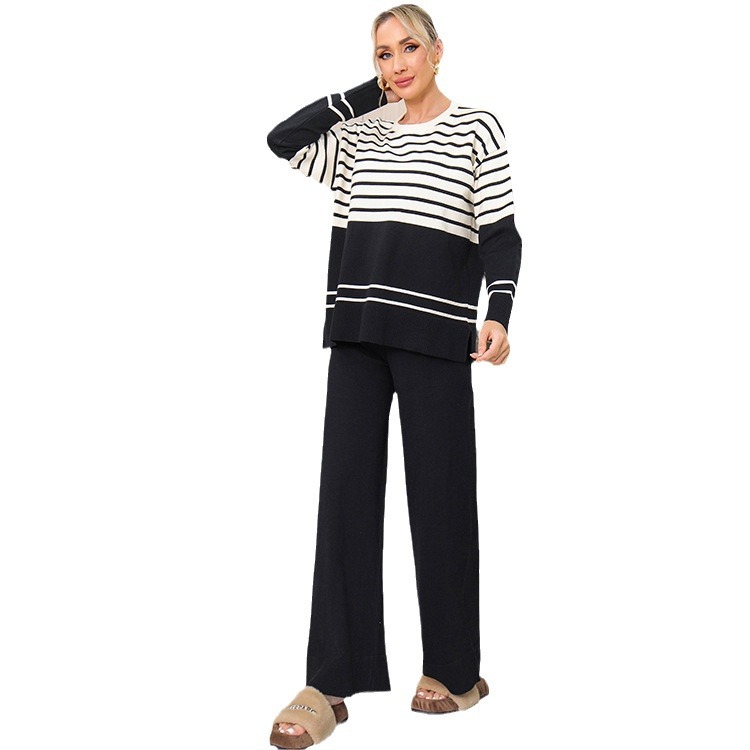 2024 Autumn/Winter New cross-border trade striped knitted two-piece round-neck sweater loose, casual and fashionable set for women Item Picture
