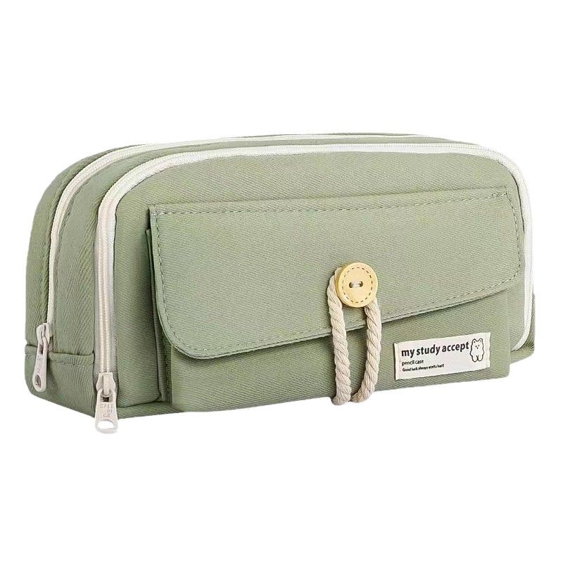 Macaron solid color multi-layer separated pen case, high appearance level, large capacity, hemp rope button, ins high-end stationery box Item Picture