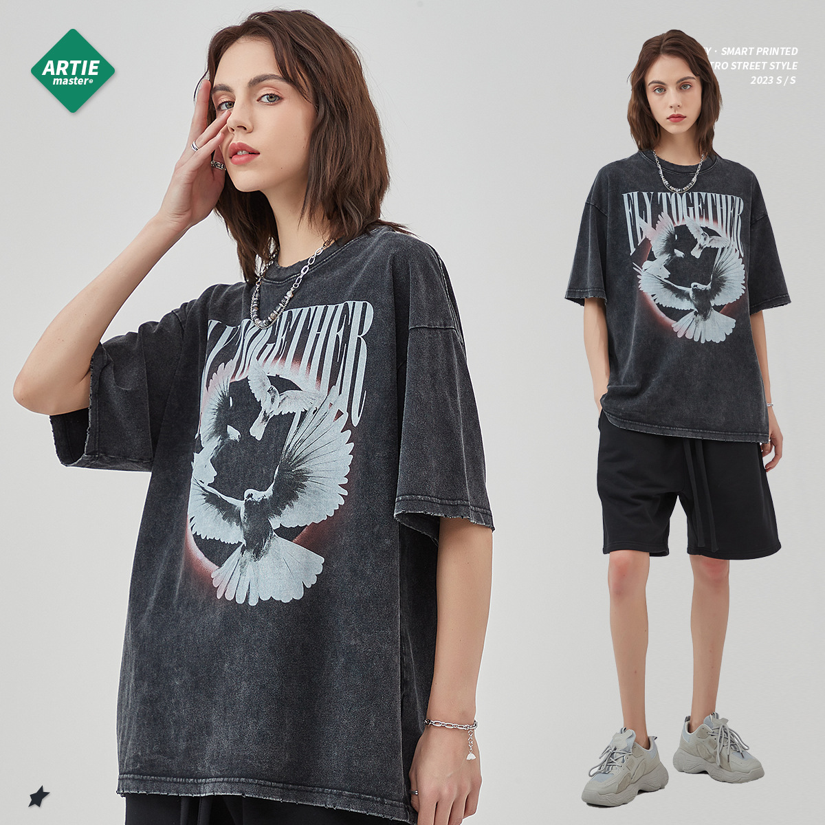 ARTIE Men's Wear: 250G washed retro ripped short-sleeved T-shirt, Peace Dove print pure cotton street fashion brand T-shirt Specification image